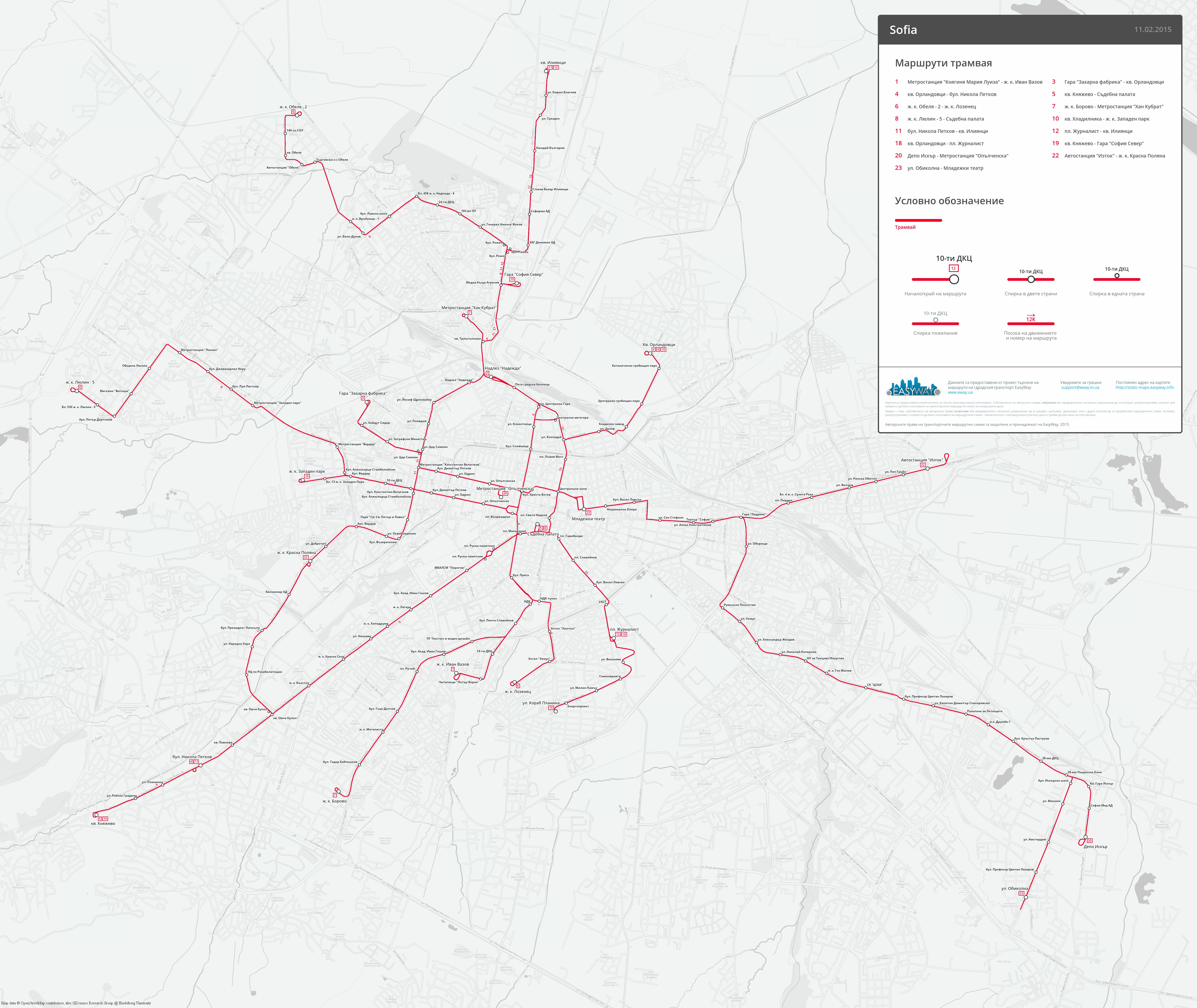 София — Карты и схемы трамвайных маршрутов