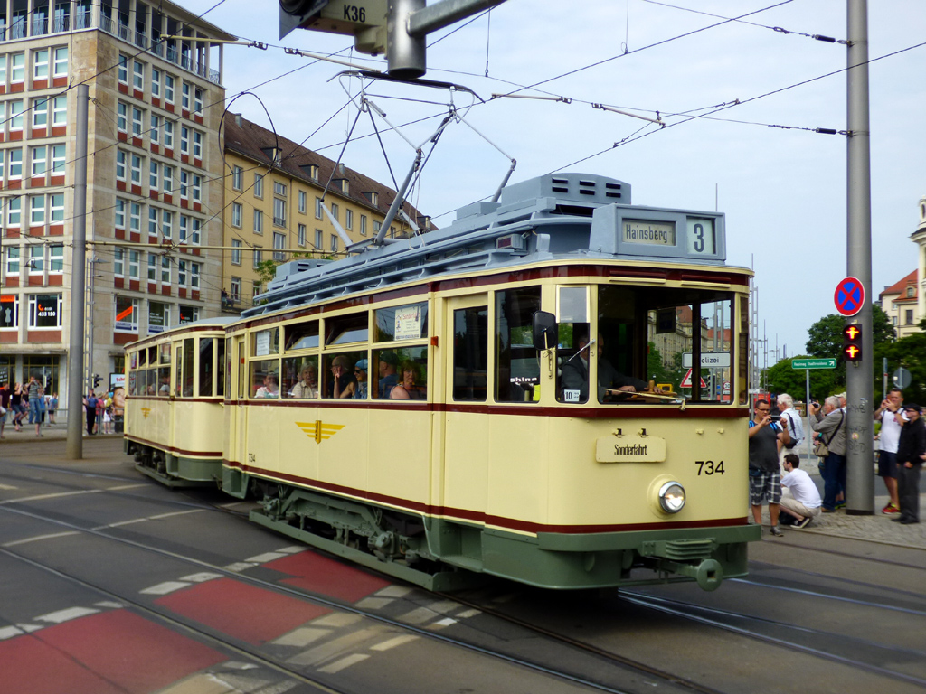 Дрезден, Двухосный моторный Busch № 734 (201 305); Дрезден — 25 лет Трамвайного музея — 50 лет Татры (03.06.2017)