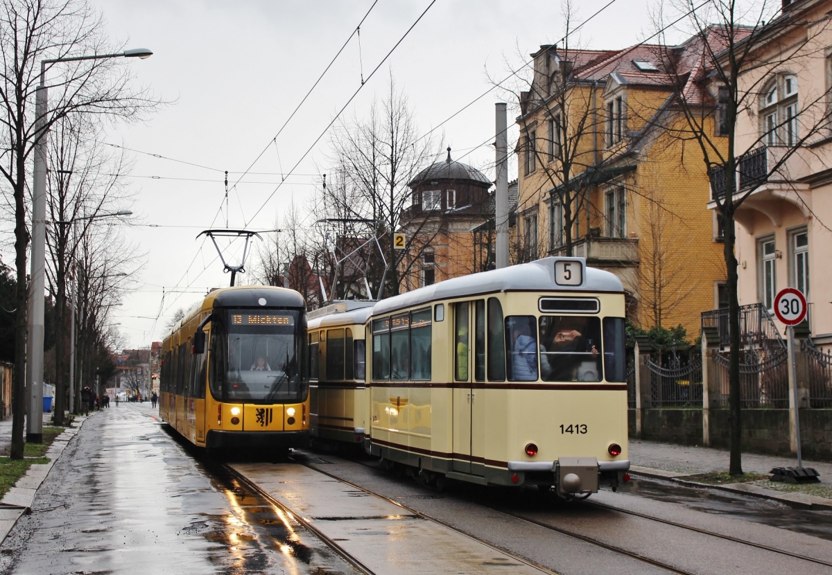 Дрезден, Bombardier NGT D8 DD 	 № 2628; Дрезден, Gotha B57 № 1413 (251 309); Дрезден — Последний день трамвайного движения на улицах Вазаштрассе и Франц-Лист-Штрассе (13.01.2019)