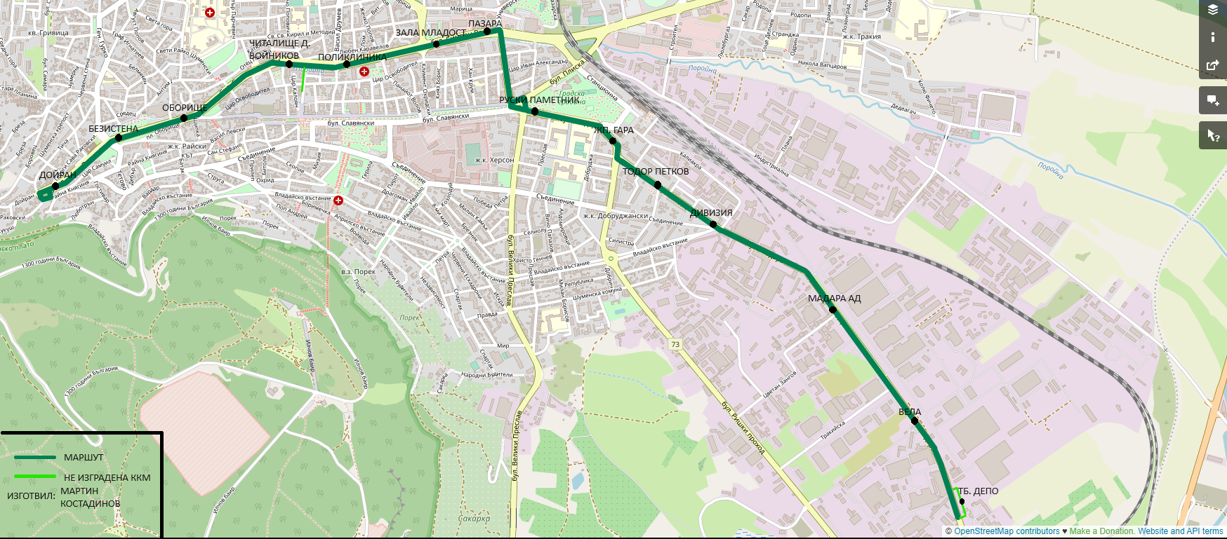 Карты, созданные с использованием OpenStreetMap; Шумен — Недостроенная троллейбусная сеть