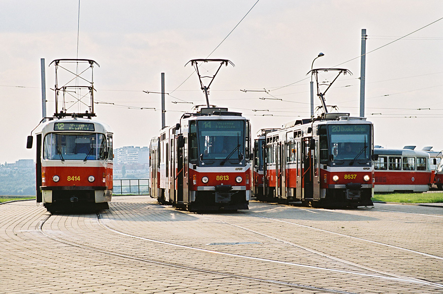 Praha, Tatra T3R.P # 8414; Praha, Tatra T6A5 # 8613; Praha, Tatra T6A5 # 8637; Praha — Barrandov line