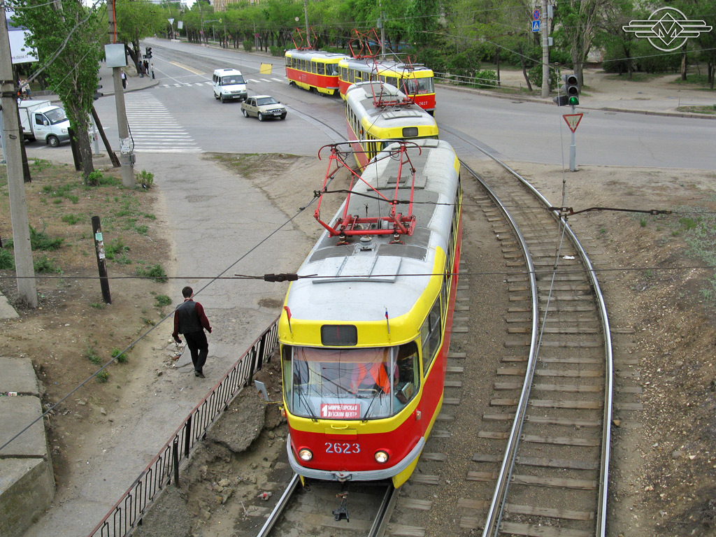 Volgográd, Tatra T3SU (2-door) — 2623; Volgográd, Tatra T3SU (2-door) — 2633; Volgográd, Tatra T3SU (2-door) — 2626; Volgográd, Tatra T3SU (2-door) — 2627; Volgográd — Tram lines: [2] Second depot — Center