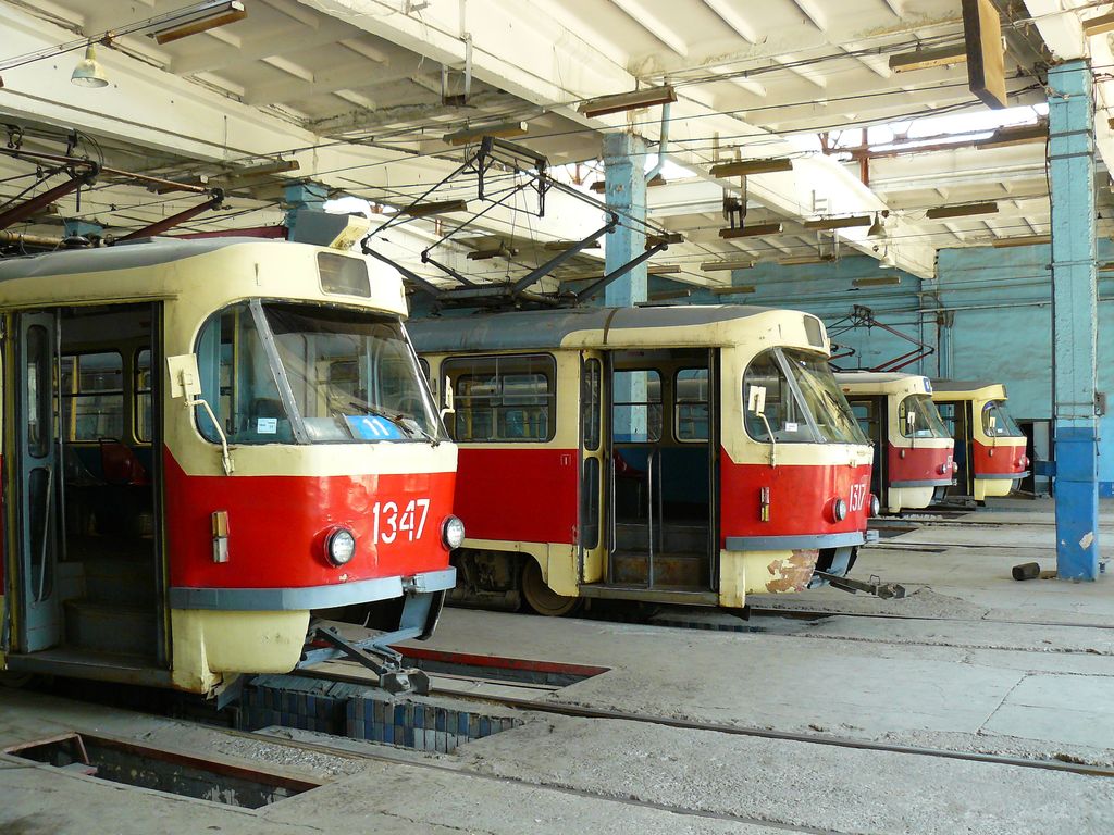 Dnipro, Tatra T3SU # 1347; Dnipro, Tatra T3SU # 1317; Dnipro — Tram depots Dnipro, Tatra T3SU # 1347; Dnipro, Tatra T3SU # 1317; Dnipro — Tram depots