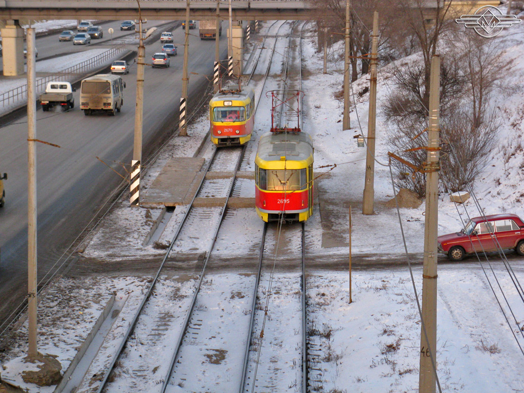 Волгоград, Tatra T3SU (двухдверная) № 2670; Волгоград, Tatra T3SU № 2695; Волгоград — Трамвайные линии: [2] Второе депо — Центральный и Ворошиловский районы