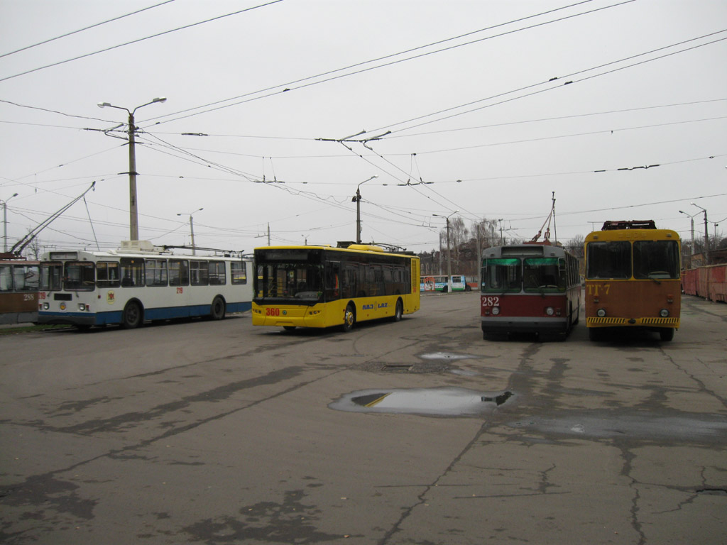 Винница, KTG-1 № ТГ-7; Винница, ZiU-682V-012 [V0A] № 282; Винница, LAZ E183D1 № 360; Винница, ZiU-682G-016 (012) № 219; Винница — Trolleybus Depot