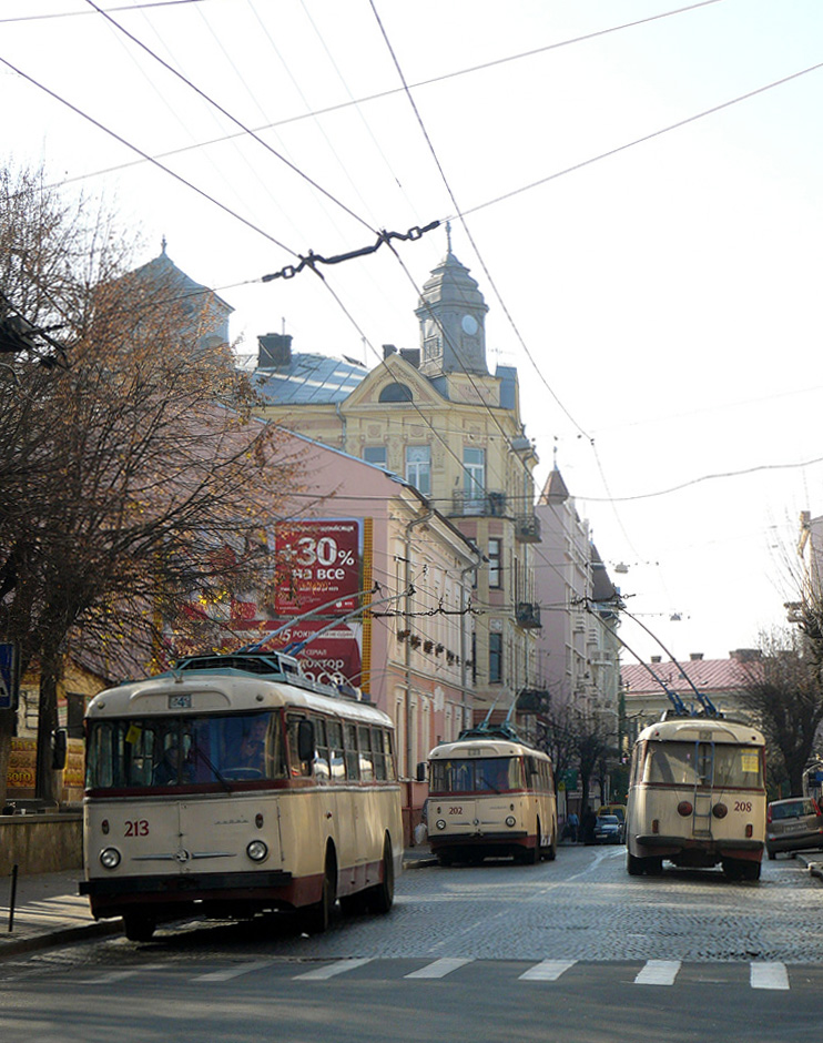 Черновцы, Škoda 9TrH25 № 202; Черновцы, Škoda 9TrH27 № 213; Черновцы, Škoda 9TrH27 № 208; Черновцы — Разные фотографии