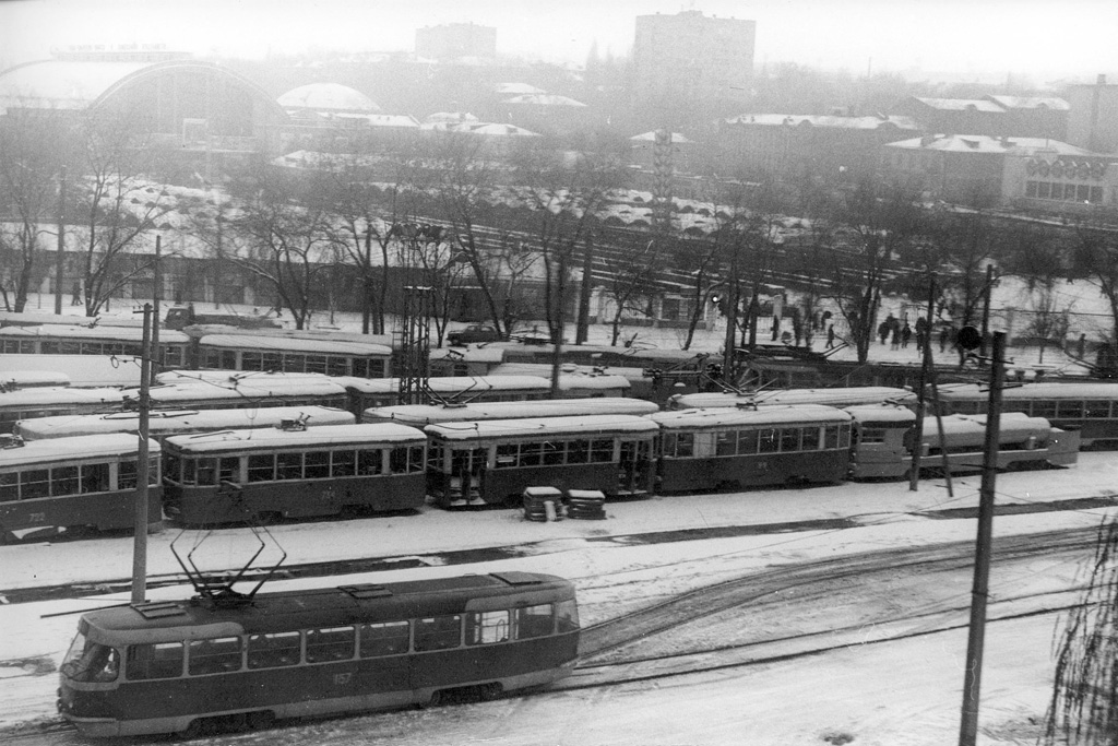 Днепр, Tatra T3SU (двухдверная) № 1157; Днепр, КТМ-2 № 722; Днепр, КТМ-2 № 734; Днепр, КТП-2 № 831; Днепр, КТМ-2 № У-9; Днепр — Исторические фотографии: Серии иностранных авторов; Днепр — Территория трамвайных депо