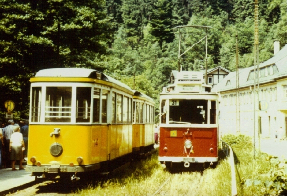 Bad Schandau, MAN 2-axle trailer car Nr 14; Bad Schandau, Busch/SSW 2-axle motor car Nr 9; Bad Schandau — Old photos • Alte Fotos
