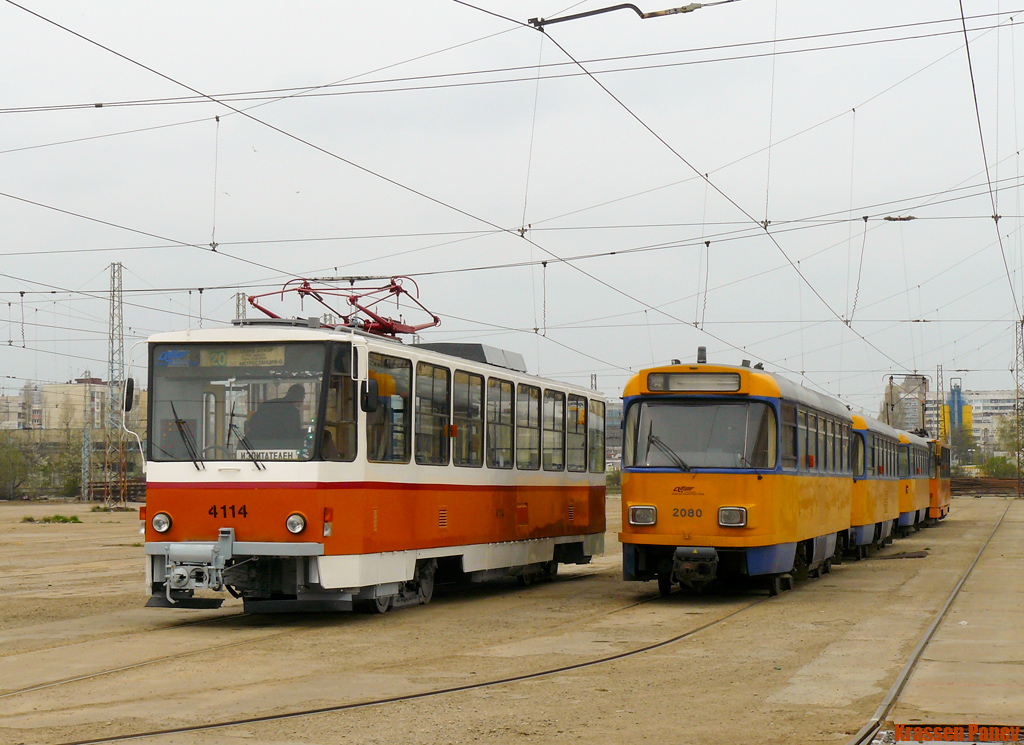 Sofia, Tatra T6B5B # 4114; Sofia, Tatra T4D-M2 # 4080; Sofia — Delivery and unloading of T4D-M in Sofia. — 12.04.2010; Sofia — Tram depots: [4] Iskar