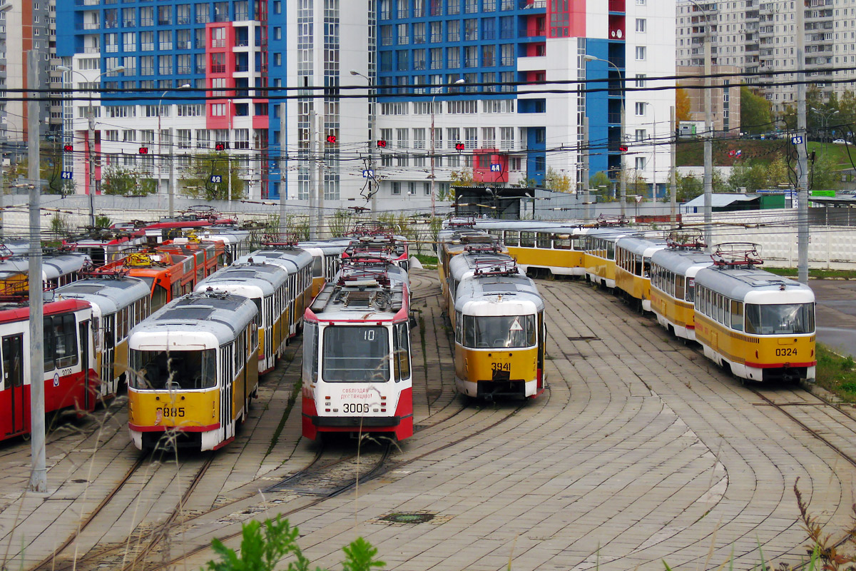 Москва, Tatra T3SU № 3885; Москва, 71-134А (ЛМ-99АЭ) № 3009; Москва, Tatra T3SU № 0324; Москва — Виды с высоты; Москва — Трамвайные депо: [3] Краснопресненское. Новая территория в Строгино