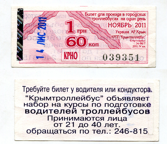 Крымский троллейбус — Проездные документы