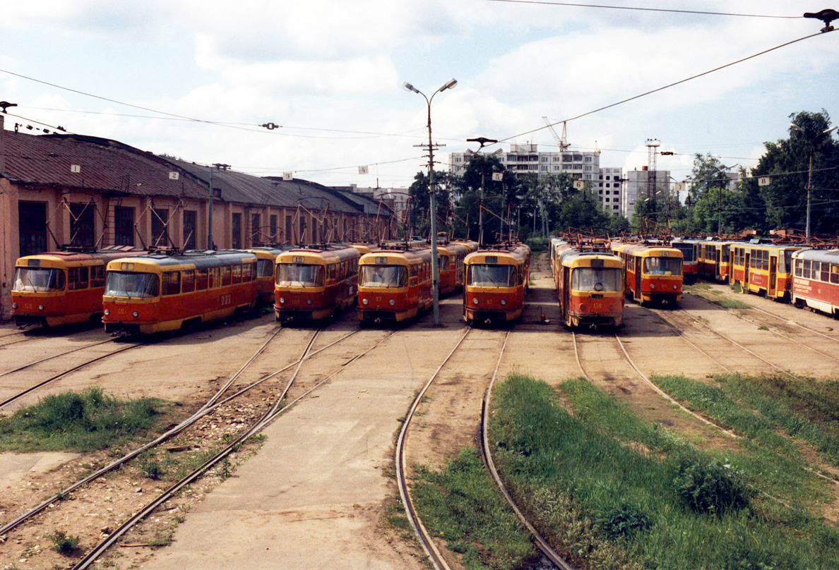 Tver, Tatra T3SU č. 128; Tver, Tatra T3SU (2-door) č. 68; Tver, Tatra T3SU č. 104; Tver, Tatra T3SU (2-door) č. 87; Tver, Tatra T3SU (2-door) č. 63; Tver, Tatra T3SU č. 130; Tver, Tatra T3SU č. 108; Tver — Tver streetcar in the 1990s.
