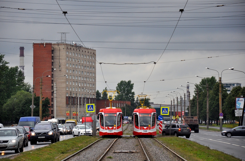 Санкт-Петербург, 71-631-02 № 7407; Санкт-Петербург, 71-631-02 № 7406; Санкт-Петербург — Трамвайные линии и инфраструктура