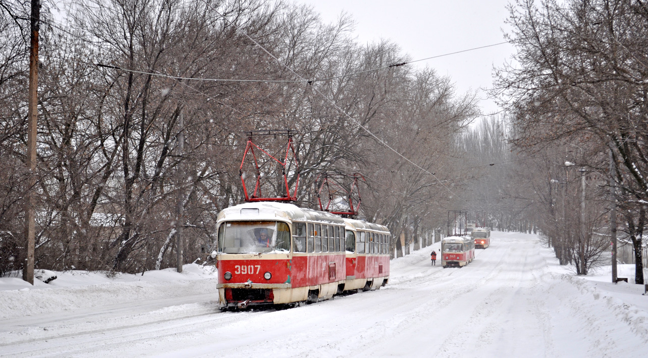 Donetsk, Tatra T3SU (2-door) # 3907; Donetsk — Snowfall 2014