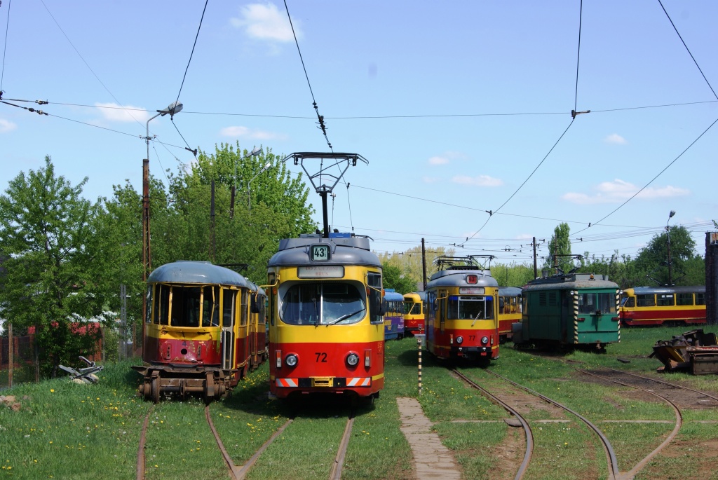 Лодзь, Konstal 803N № 4; Лодзь, Duewag GT6 № 72; Лодзь, Duewag GT6ZR № 77; Лодзь, Konstal 2N № 101; Лодзь — депо Брус