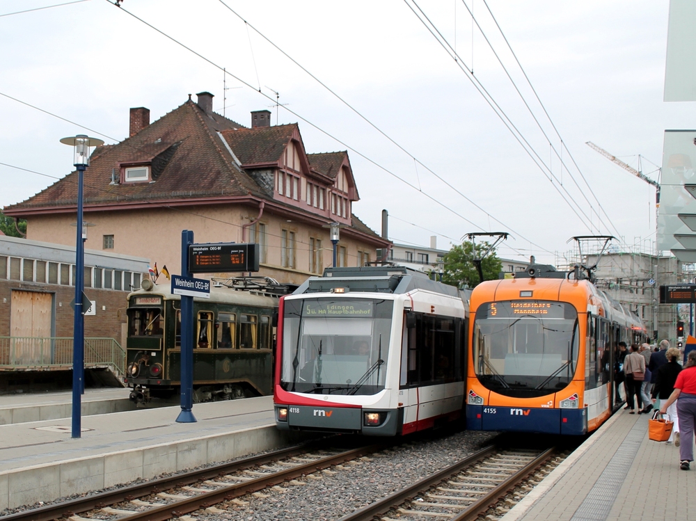 Рейн-Неккар, Fuchs S4 № 46; Рейн-Неккар, Adtranz V6 № 4118; Рейн-Неккар, Bombardier RNV6Z № 4155