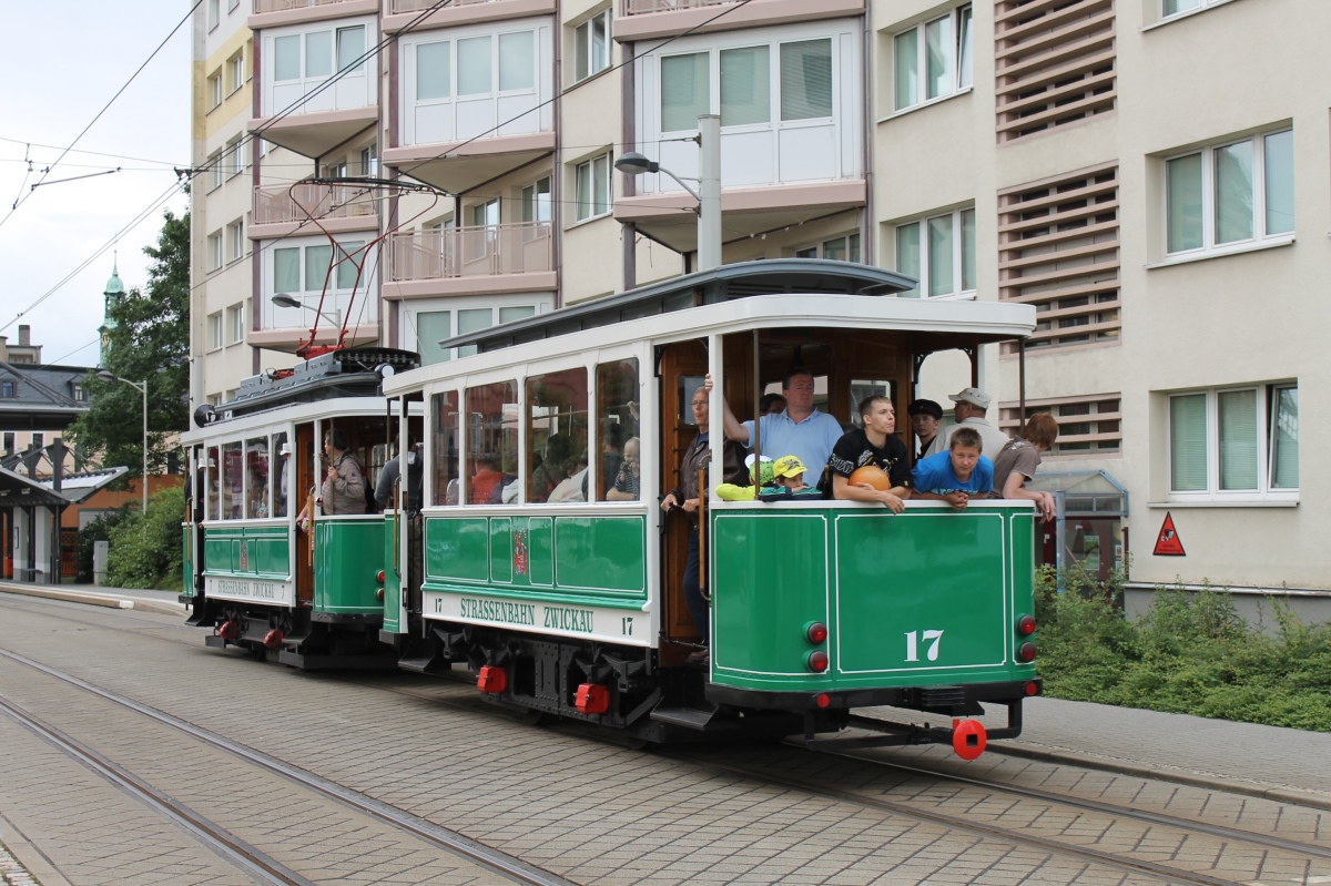 Zwickau, Esslingen 2-axle trailer car — 17; Zwickau — Anniversary: 120 years of tramways in Zwickau (14.06.2014) • Jubiläum: 120 Jahre Straßenbahn Zwickau (14.06.2014) Zwickau, Esslingen 2-axle trailer car — 17; Zwickau — Anniversary: 120 years of tramways in Zwickau (14.06.2014) • Jubiläum: 120 Jahre Straßenbahn Zwickau (14.06.2014)