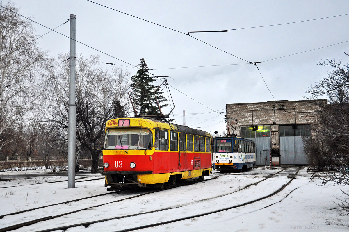 Волжский, Tatra T3SU (двухдверная) № 83; Волжский, 71-605 (КТМ-5М3) № 142; Волжский — Трамвайное депо