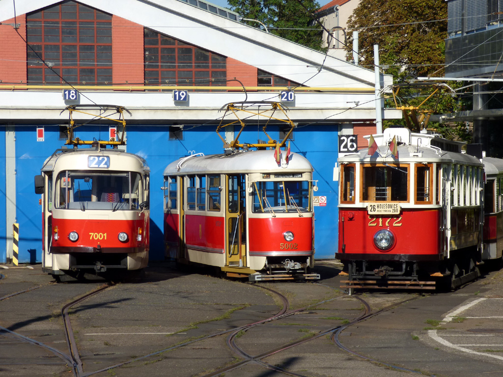 Praha, Tatra T3SU # 7001; Praha, Tatra T1 # 5002; Praha, Ringhoffer DSM # 2172; Praha — 140th anniversary of Prague's urban transport; Praha — Tram depots