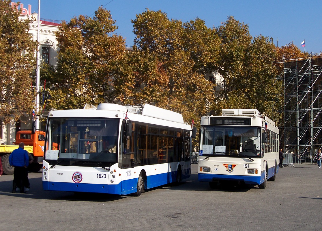 Sébastopol, Trolza-5265.00 “Megapolis” N°. 1623; Sébastopol, Trolza-5275.03 “Optima” N°. 1624; Sébastopol — The exhibition dedicated to the 65th anniversary of the Sevastopol trolley (05.11.2015)