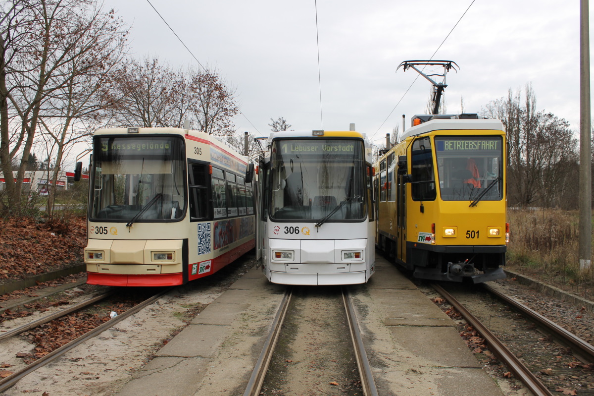 Frankfurt an der Oder, AEG GT6M Nr. 305; Frankfurt an der Oder, AEG GT6M Nr. 306; Frankfurt an der Oder, Tatra T6A2M Nr. 501