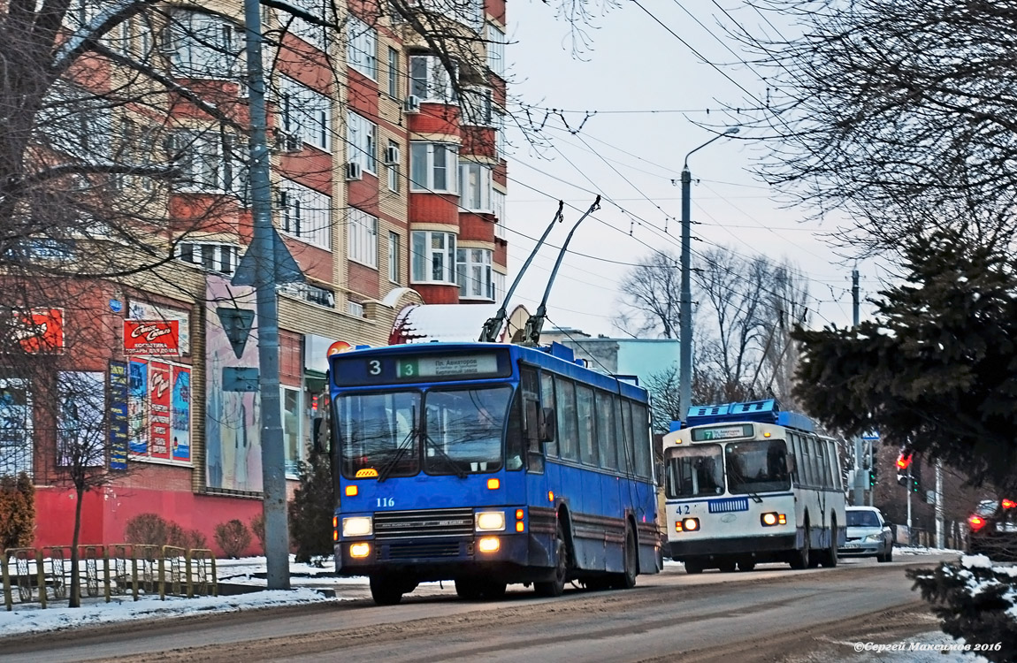 Taganrog, DAF Den Oudsten B79T-KM560 / Kiepe — 116; Taganrog, BTZ-5276-01 — 42