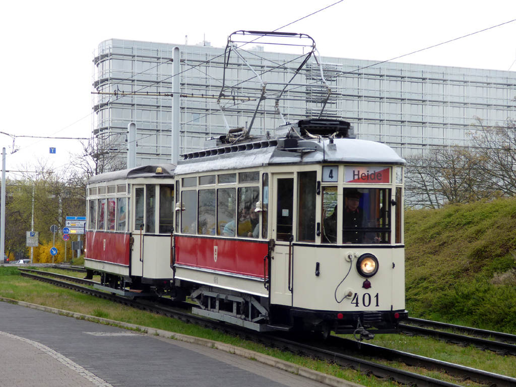 Halle, Lindner/SSW 2-axle motor car Br. 401; Halle — Anniversary: 125 years of electric tramways in Halle (17.04.2016) • Jubiläum: 125 Jahre elektrische Straßenbahn in Halle (17.04.2016)