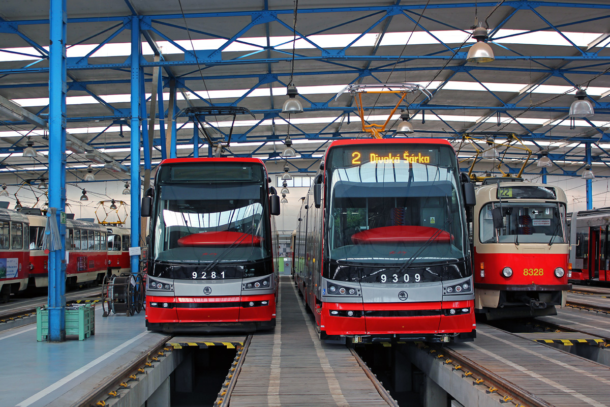 Прага, Škoda 15T3 ForCity Alfa Praha № 9281; Прага, Škoda 15T3 ForCity Alfa Praha № 9309; Прага, Tatra T3R.P № 8328; Прага — Трамвайные депо Прага, Škoda 15T3 ForCity Alfa Praha № 9281; Прага, Škoda 15T3 ForCity Alfa Praha № 9309; Прага, Tatra T3R.P № 8328; Прага — Трамвайные депо