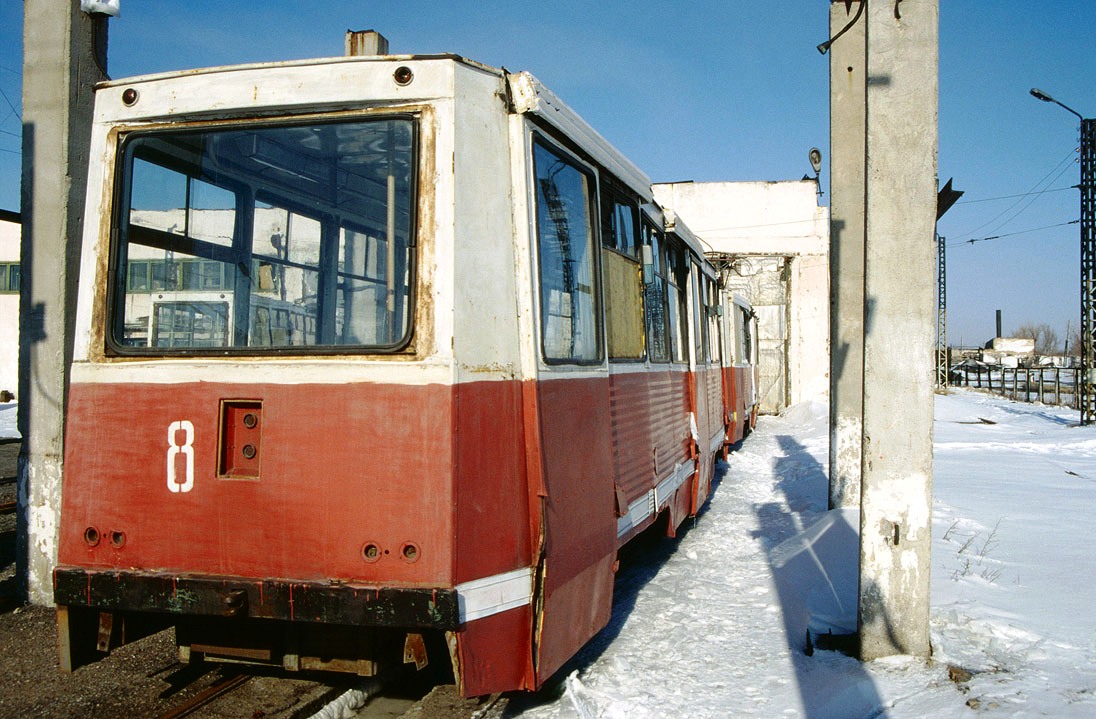 Karaganda, 71-605 (KTM-5M3) N°. 8; Karaganda — Old photos (up to 2000 year); Karaganda — Tram depot; Karaganda — Visit of transport enthusiasts 21.04.1998