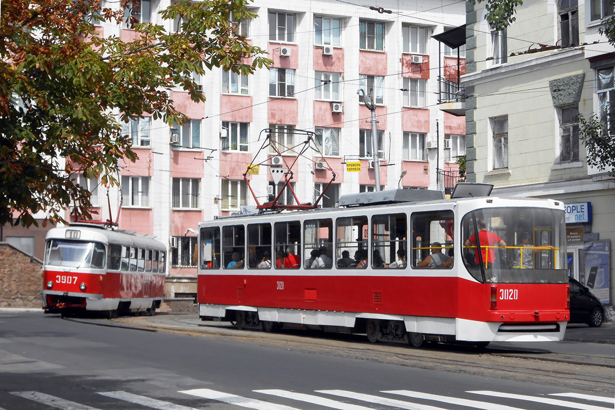 Донецк, Tatra T3SU (двухдверная) № 3907; Донецк, К1 № 3020