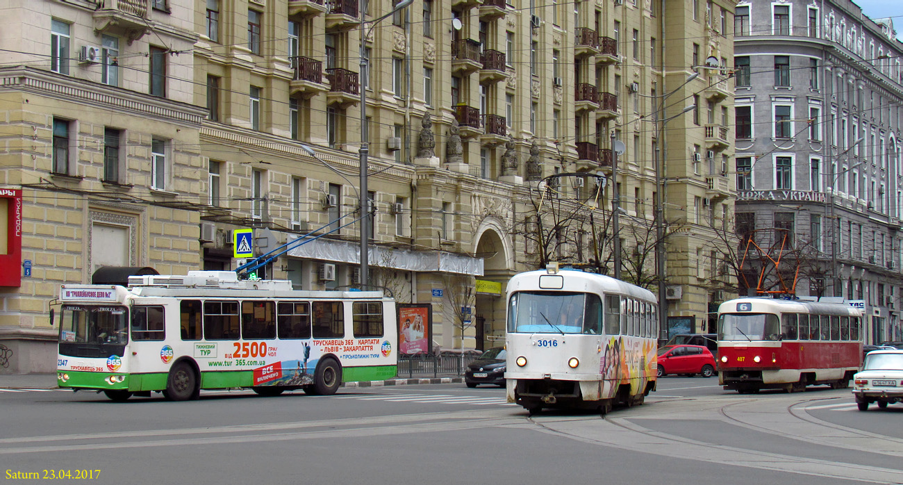 Charkov, ZiU-682G-016.02 č. 2347; Charkov, Tatra T3SU č. 3016
