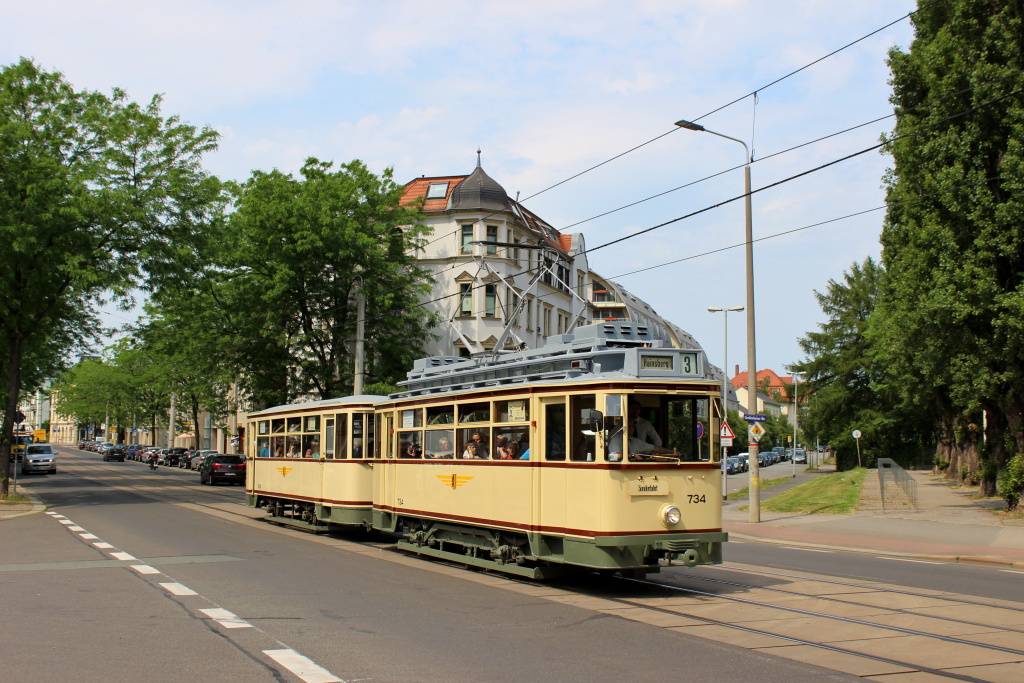 Dresden, Busch 2-axle motor car № 734 (201 305); Dresden — 25 years of tram museum — 50 years of Tatra (03.06.2017)