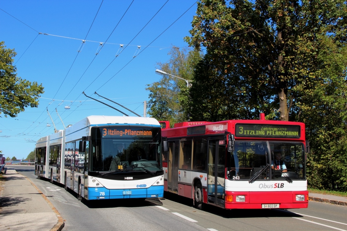 Зальцбург, Hess lighTram (BGGT-N2C) № (78); Зальцбург, Gräf & Stift J13 NGT204 M16 № 243; Зальцбург — Испытания трёхсекционных троллейбусов