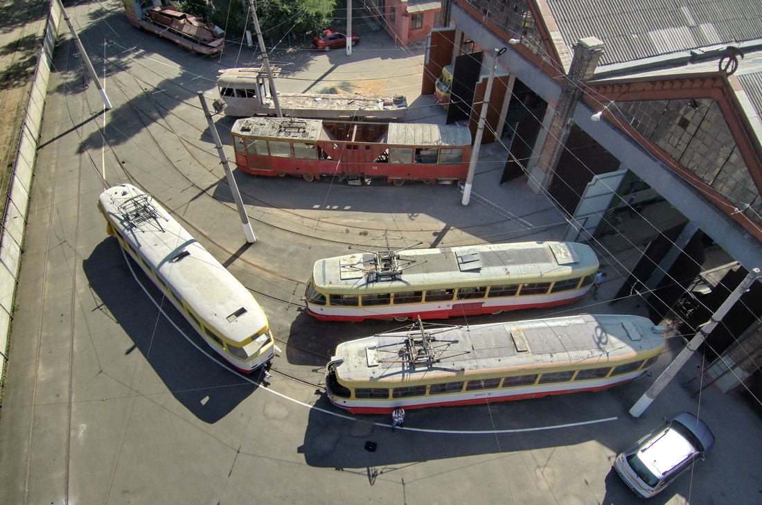 Одеса, МТВ-82 № 932; Одеса, ВТК-09А № 12; Одеса, Tatra T3SU № 3218; Одеса, Tatra T3SU № 4067; Одеса — Трамвайне депо ім. Ілліча / ВРМ; Одеса — Електротранспорт Одеси з висоти