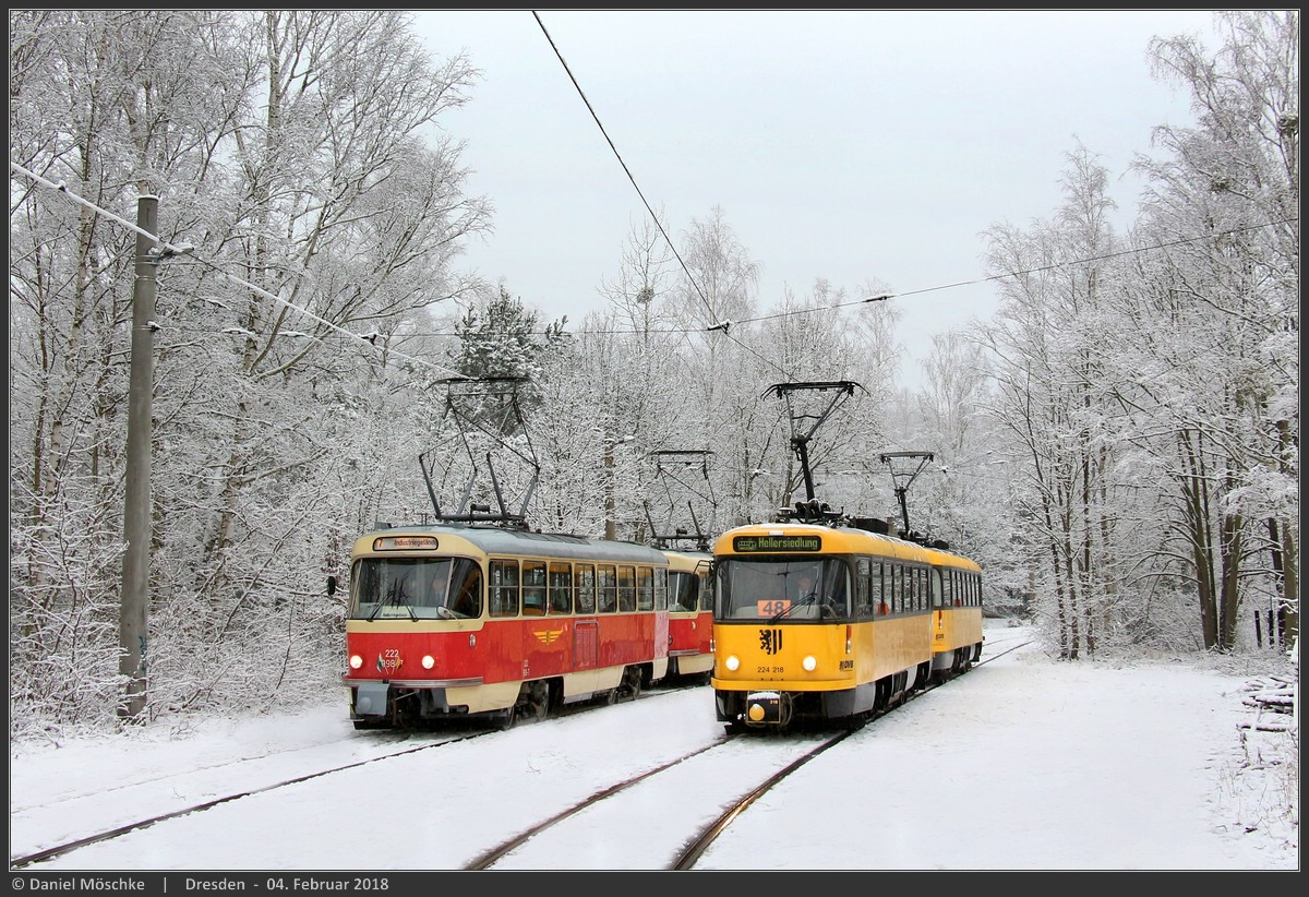 Dresden, Tatra T4D # 222 998 (201 315); Dresden, Tatra T4D-MT # 224 218; Dresden — Last day of tram operation at "Diebsteig" loop (04.02.2018)