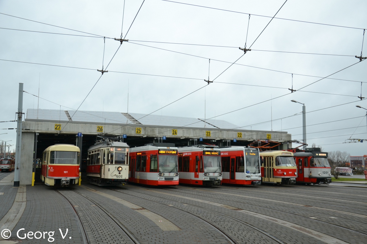 Halle, Tatra B4D № 101; Halle, Lindner/SSW 2-axle motor car № 401; Halle, Duewag MGT6D № 501; Halle, Duewag MGT6D № 601; Halle, Bombardier MGT-K № 701; Halle, Tatra T4D № 901; Halle, Tatra T4DC № 1201; Halle — Official farewell of the Tatra on 30.11.2013 • Offizieller Tatra-Abschied am 30.11.2013