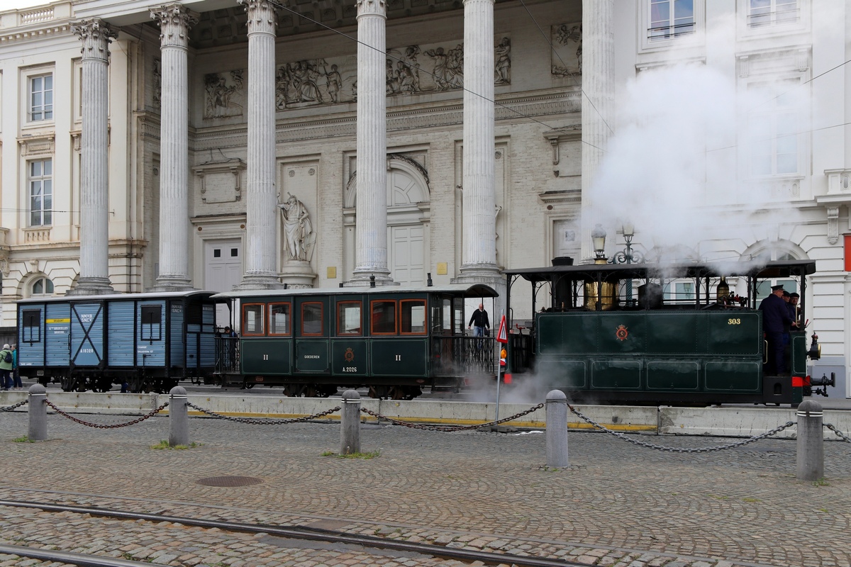 Thuin, Steam engine nr. 303; Thuin, Franco-Belge 2-axle trailer car nr. A.2026; Thuin, 2-axle trailer cargo car nr. A.18328; Brussels — Festivities on the occasion of 150 years of tram (30/04/2019 — 05/05/2019)