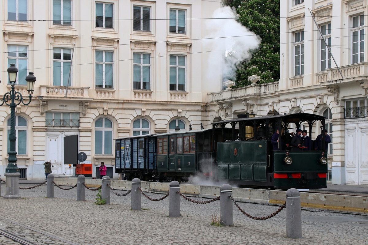 Thuin, Steam engine nr. 303; Thuin, Franco-Belge 2-axle trailer car nr. A.2026; Thuin, 2-axle trailer cargo car nr. A.18328; Brussels — Festivities on the occasion of 150 years of tram (30/04/2019 — 05/05/2019)