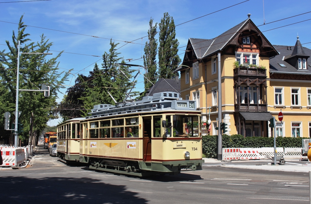 Dresden, Busch 2-axle motor car № 734 (201 305); Dresden — Opening of the new tram line at Oskarstraße (04-06.07.2019)