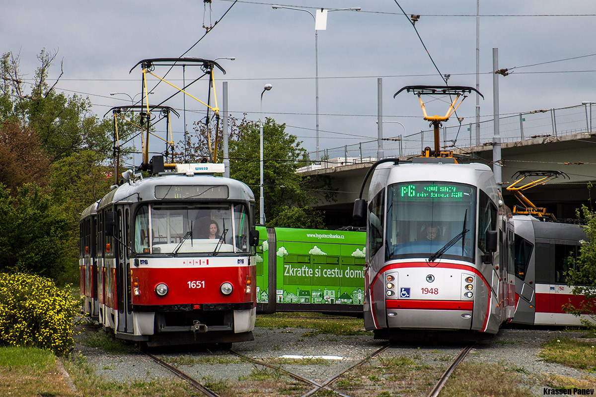 Брно, Tatra T3G № 1651; Брно, Škoda 13T Elektra № 1948