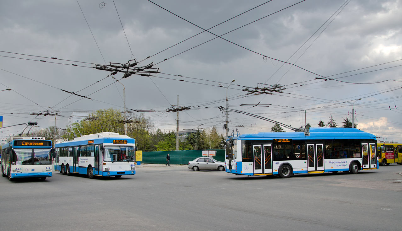 Маріуполь, Дніпро Т103 № 215; Маріуполь, MAN/Gräf & Stift 860 SL172HO № 1308; Маріуполь, АКСМ 321 (БКМ-Україна) № 1411