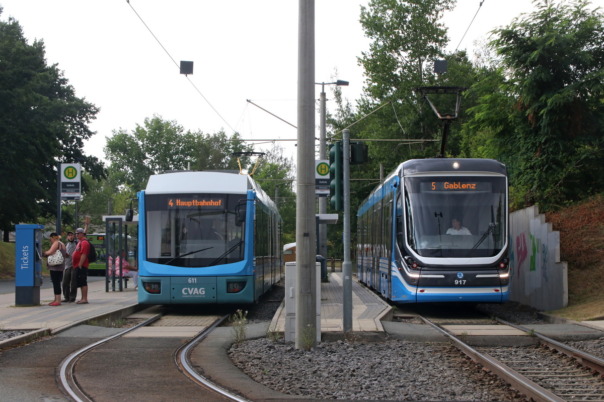 Хемниц, Bombardier 6NGT-LDE № 611; Хемниц, Škoda 35T ForCity Classic № 917