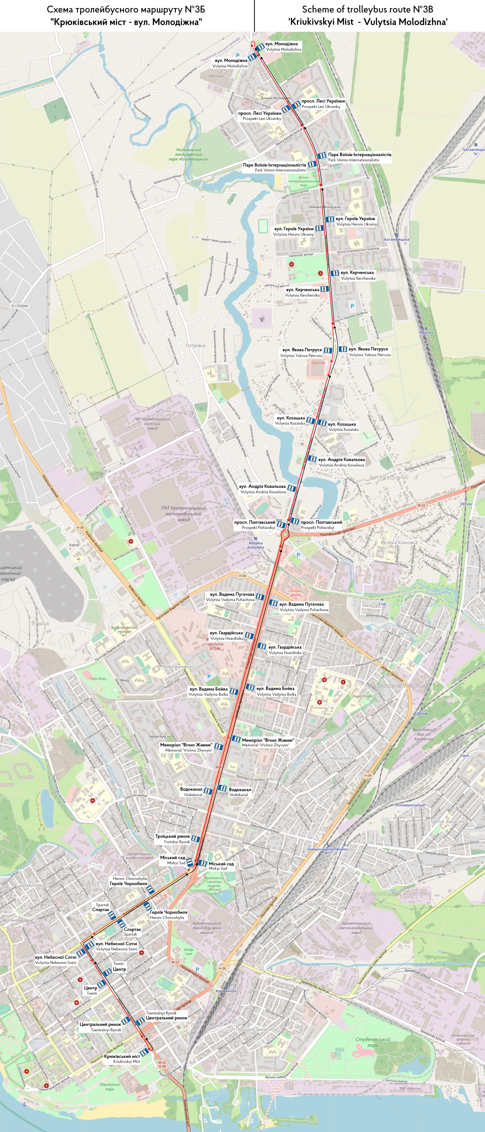 Карты, созданные с использованием OpenStreetMap; Кременчуг — Схемы отдельных маршрутов