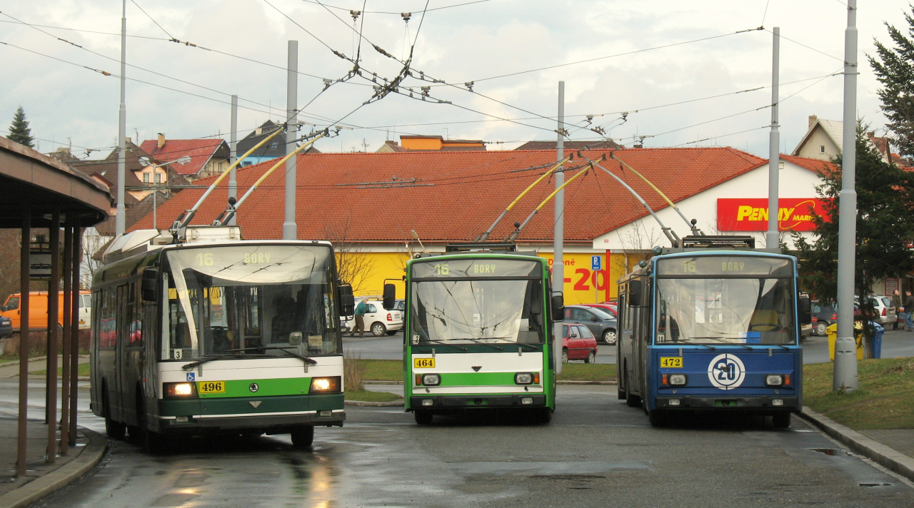 Пльзень, Škoda 21TrACI № 496; Пльзень, Škoda 15Tr03/6 № 464; Пльзень, Škoda 15Tr13/6M № 472