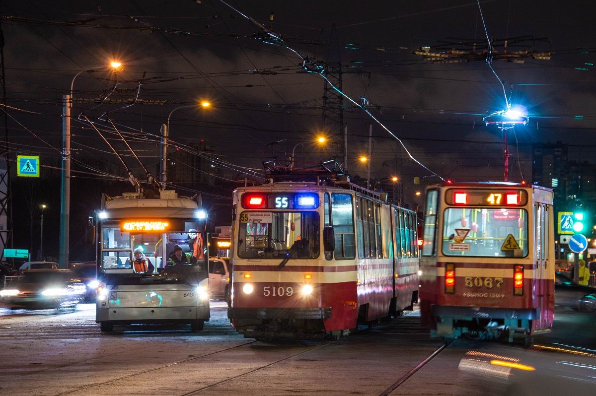 Санкт-Петербург, Тролза-5265.00 «Мегаполис» № 6408; Санкт-Петербург, ЛВС-86К № 5109; Санкт-Петербург, ЛВС-86К № 5067; Санкт-Петербург — Происшествия