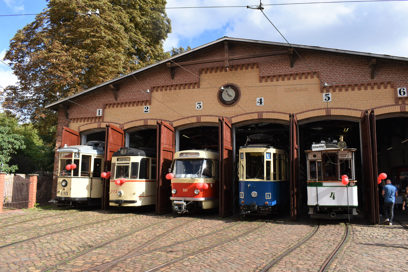 Галле, Двухосный моторный Lindner № 410; Галле, Gotha T2D (Tatra) № 772; Галле, Tatra T4D № 901; Галле, Двухосный моторный Gotha № 158; Галле, Двухосный моторный Herbrand/AEG № 4