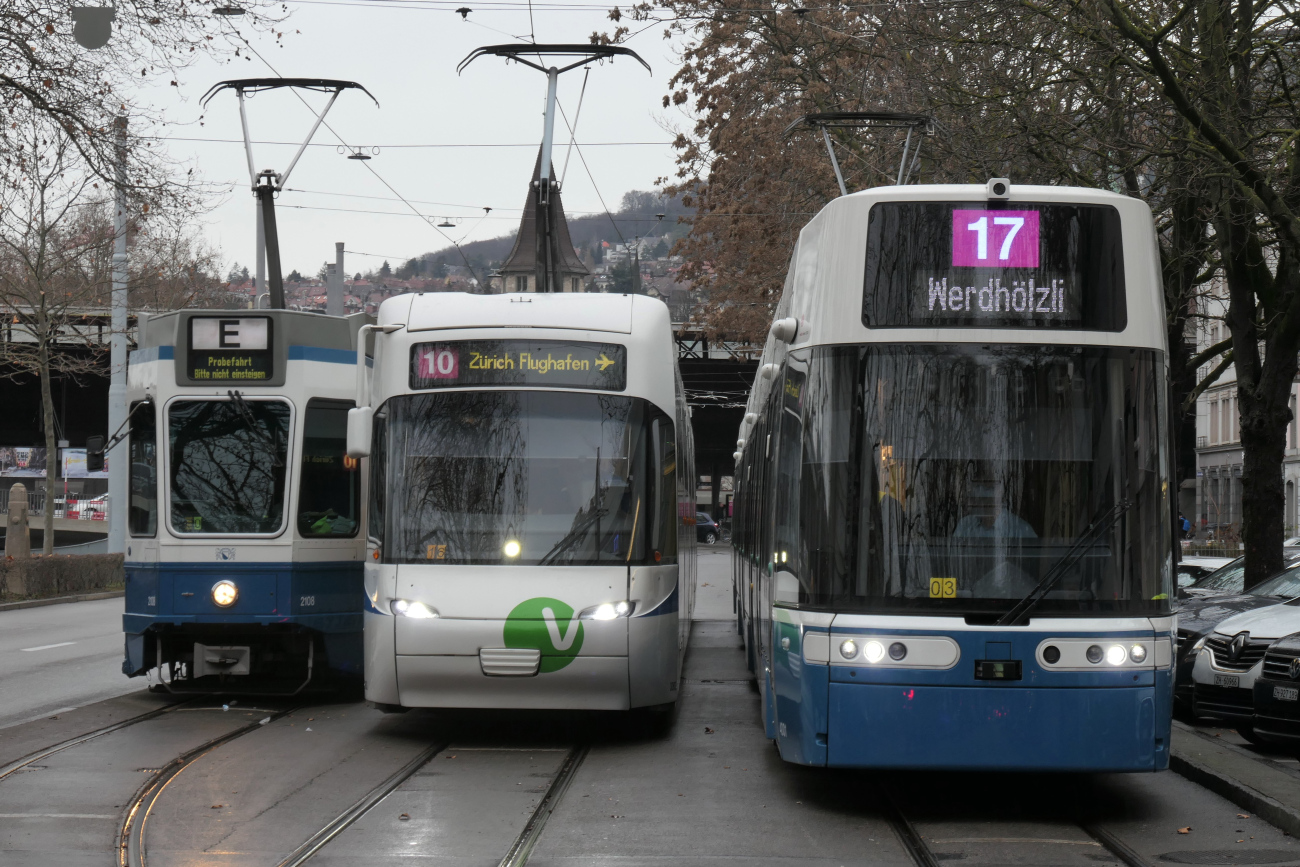 Zurich, SWP/SIG/ABB Be 4/8 "Tram 2000 Sänfte" № 2108; Zurich, Bombardier Cobra № 3063; Zurich, Bombardier Flexity Zürich № 4001