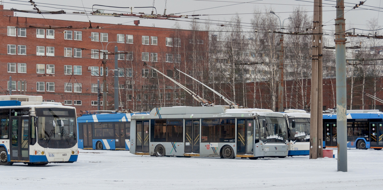 Санкт-Петербург, ВМЗ-5298.01 «Авангард» № 6831; Санкт-Петербург, Тролза-5265.00 «Мегаполис» № 6407; Санкт-Петербург — Троллейбусные парки