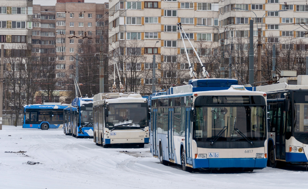 Санкт-Петербург, Тролза-5265.00 «Мегаполис» № 6403; Санкт-Петербург, ВМЗ-5298.01 (ВМЗ-463) № 6817; Санкт-Петербург — Троллейбусные парки