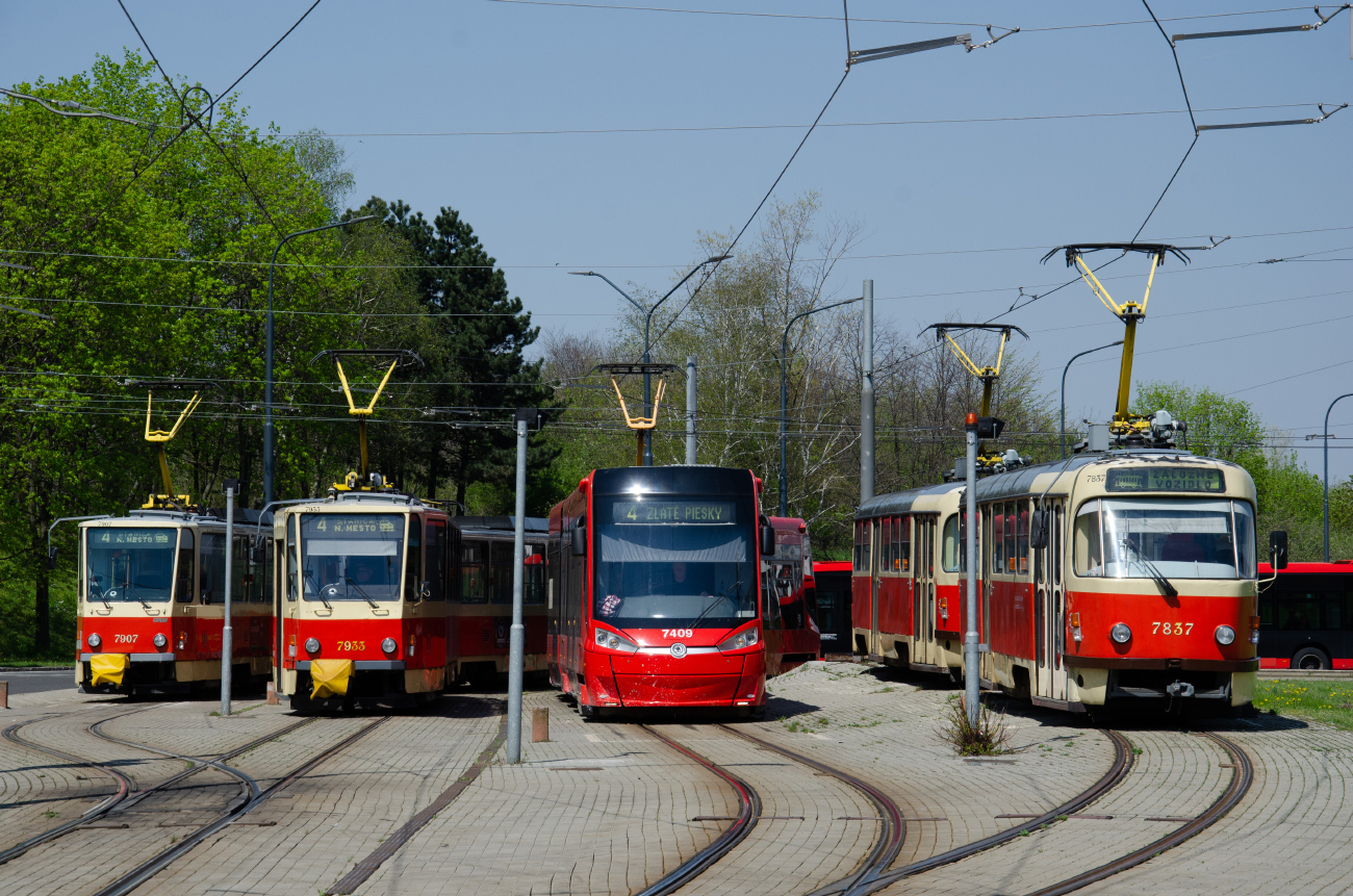 Братислава, Tatra T3G № 7837; Братислава, Škoda 29T ForCity Plus № 7409; Братислава, Tatra T6A5 № 7933; Братислава, Tatra T6A5 № 7907